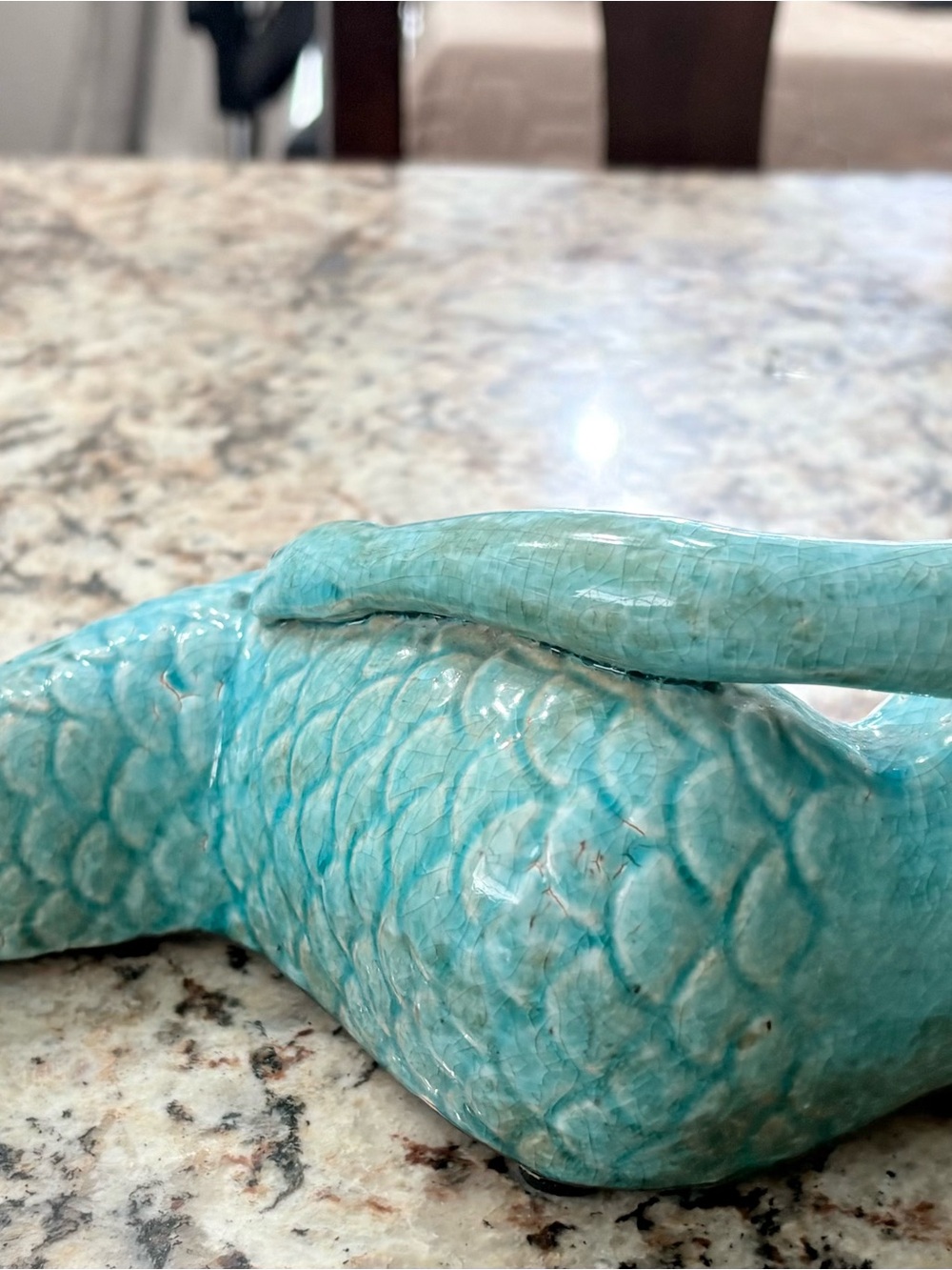 Glossy Blue Green Ceramic Mermaid Statue W/ Distressed Antique Finish 13.5" - Picture 4 of 9